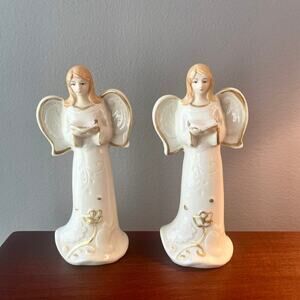 Pair of Two (2) Vintage White and Gold Angel Ceramic Figurines